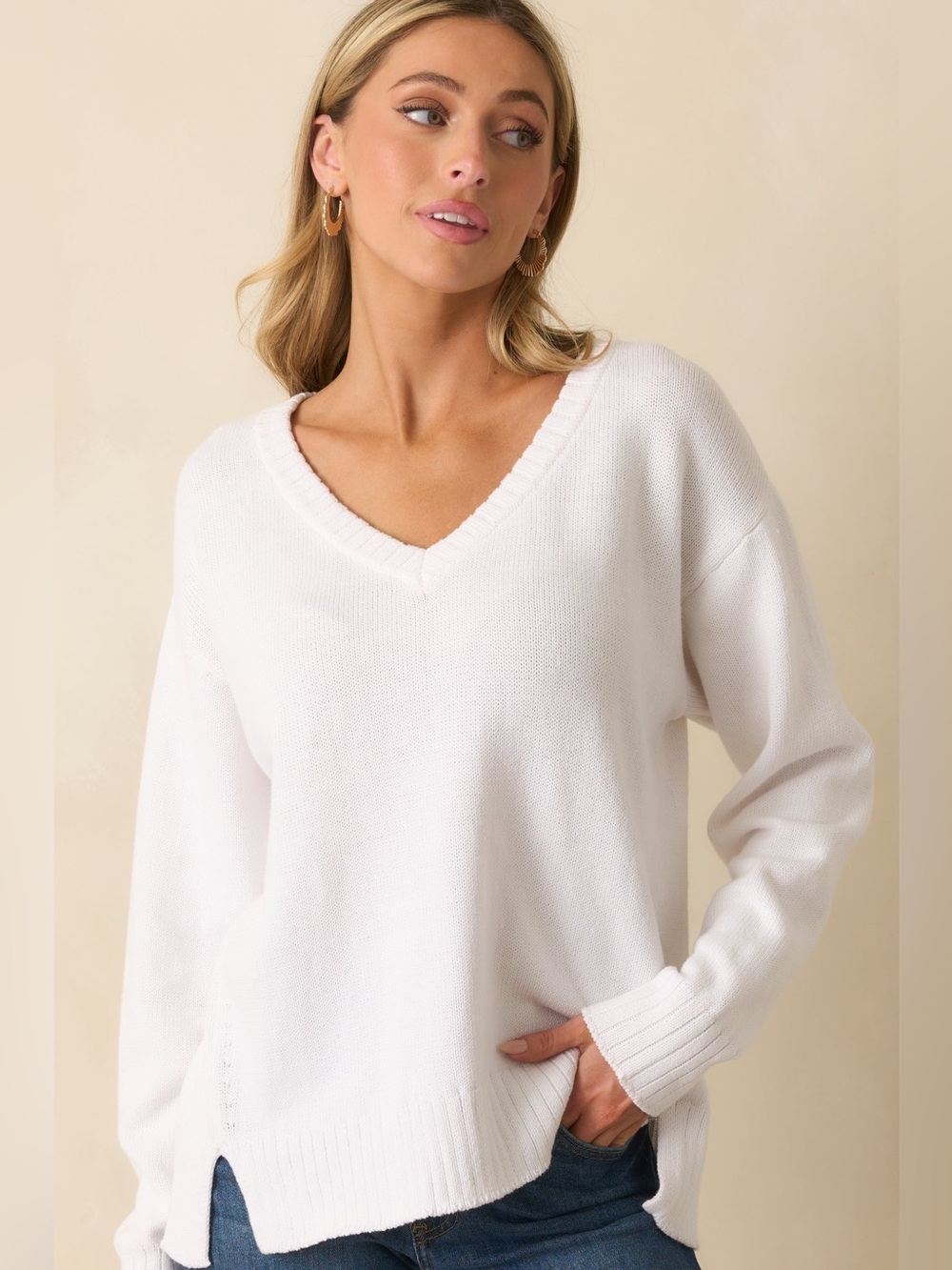 Z Supply White Cotton V Neck Sweater
